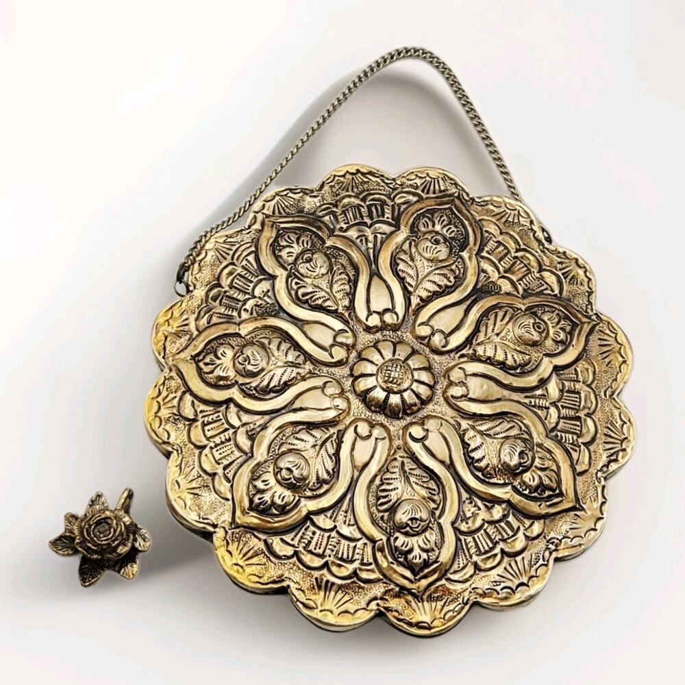 900 Silver Wall Mirror Turkish Wedding Bridal Ornament Round Flower W/ Chain 6"